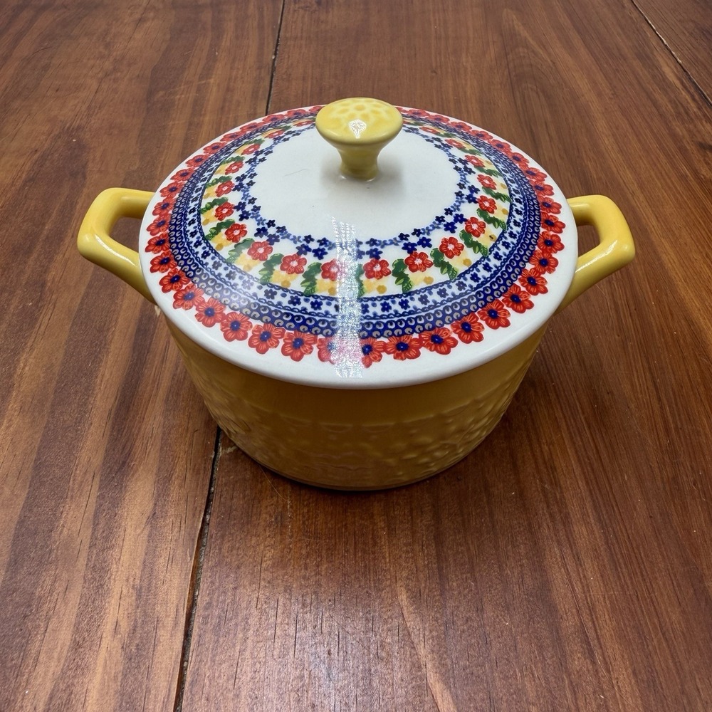 Pioneer Woman Mini Ceramic Casserole Crock W/Lid 14.4oz Yellow Dazzling Dahlias